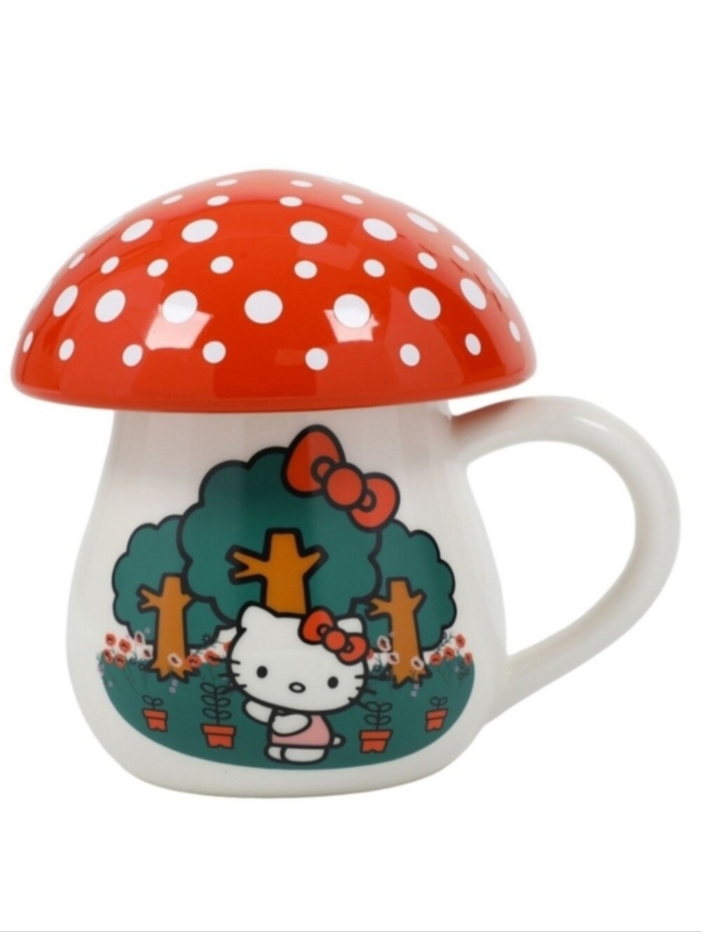 ☕️NEW! Hello Kitty Mushroom Mug with Red Lid by Bioworld, 16oz.